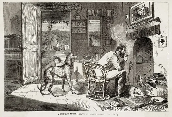 Framed Print : A bachelor there... image 4 of a series on the benefits of Australia over England & encouraging emigration. Date: 1863 Framed Print : A bachelor there... image 4 of a series on the benefits of Australia over England & encouraging emigration. Date: 1863