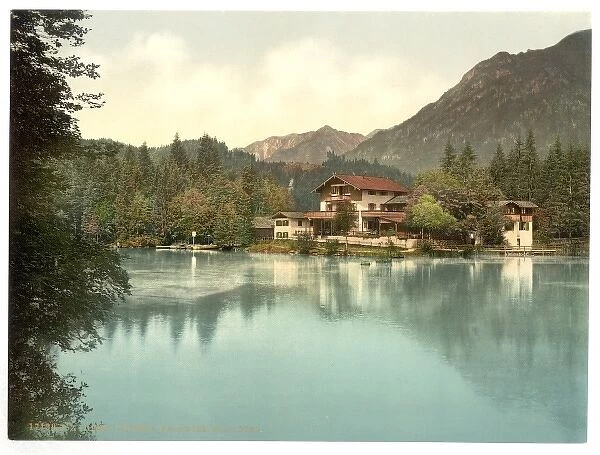 Badersee with hotel, Upper Bavaria, Germany