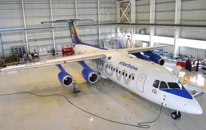Framed Print : BAe 146-300 of Starbow, Ghana in Aerostar hangar - PR 0 Framed Print : BAe 146-300 of Starbow, Ghana in Aerostar hangar - PR 0
