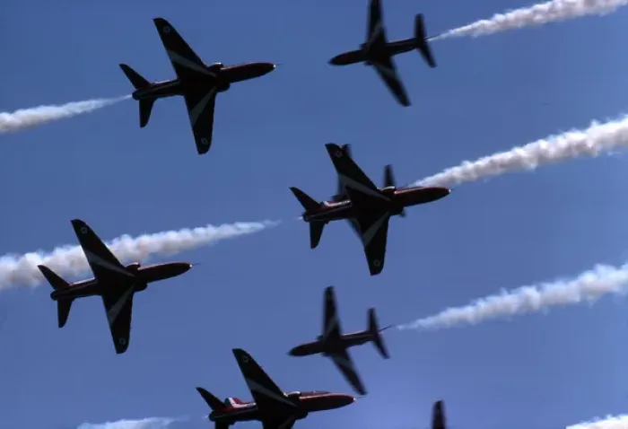 Framed Print : BAe Systems Hawks RAF Red Arrows close formation pass Framed Print : BAe Systems Hawks RAF Red Arrows close formation pass