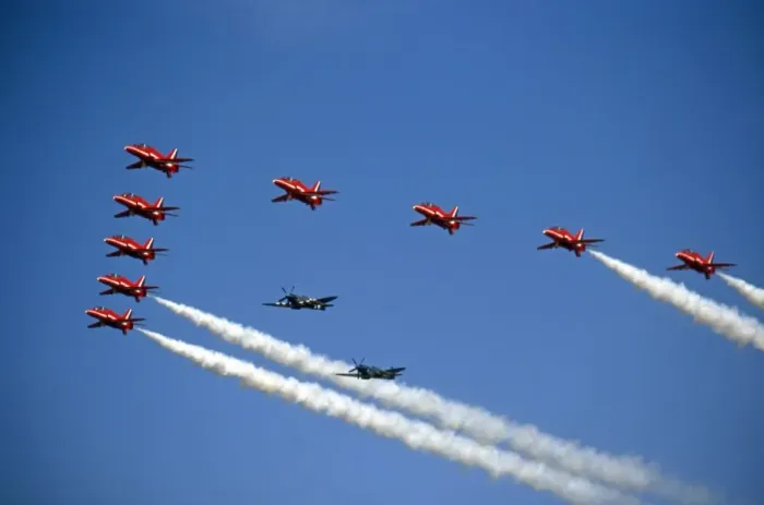 Framed Print : BAe Systems Hawks RAF Red Arrows flypast with Spitfires Framed Print : BAe Systems Hawks RAF Red Arrows flypast with Spitfires