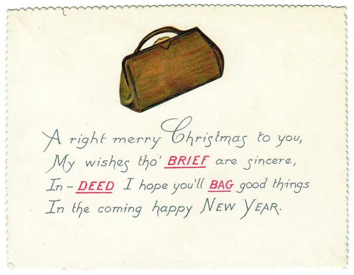 Framed Print : Bag with comic verse on a Christmas card Framed Print : Bag with comic verse on a Christmas card