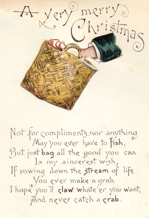 Framed Print : Bag with punning verse on a Christmas card Framed Print : Bag with punning verse on a Christmas card