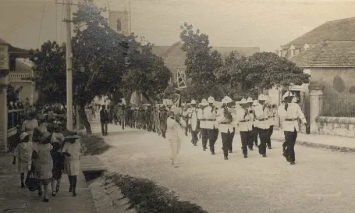 Framed Print : Bahamas scouts marching behind band Framed Print : Bahamas scouts marching behind band