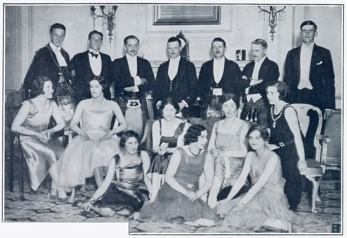 Framed Print : A ball at Gleneagles in aid of the Perthshire Federation District of Nursing Associations. Back row from left: Lord Reay, the Master of Lovat, Mr Andrew Drummond-Moray, Mr Stuart Fotheringham, Lord Scone, Lord James Stewart-Moray, Mr. Stirling Framed Print : A ball at Gleneagles in aid of the Perthshire Federation District of Nursing Associations. Back row from left: Lord Reay, the Master of Lovat, Mr Andrew Drummond-Moray, Mr Stuart Fotheringham, Lord Scone, Lord James Stewart-Moray, Mr. Stirling