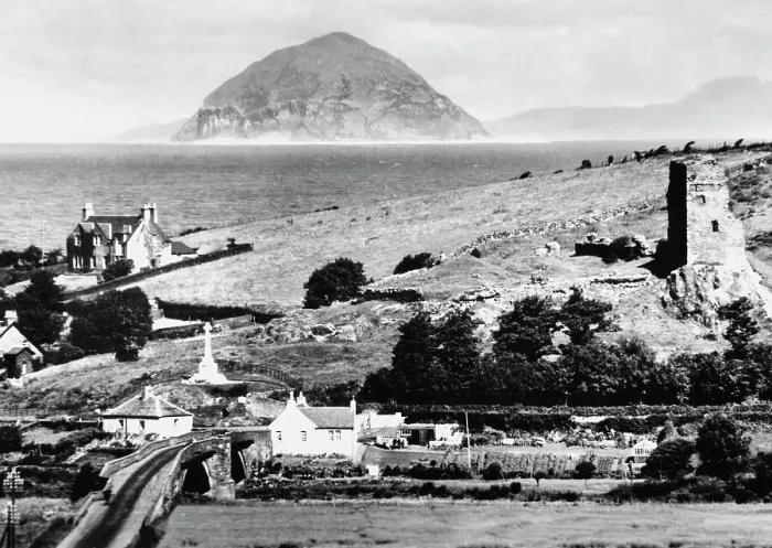 Framed Print : Ballantrae Bridgend and Ailsa Craig, early 1900s Framed Print : Ballantrae Bridgend and Ailsa Craig, early 1900s