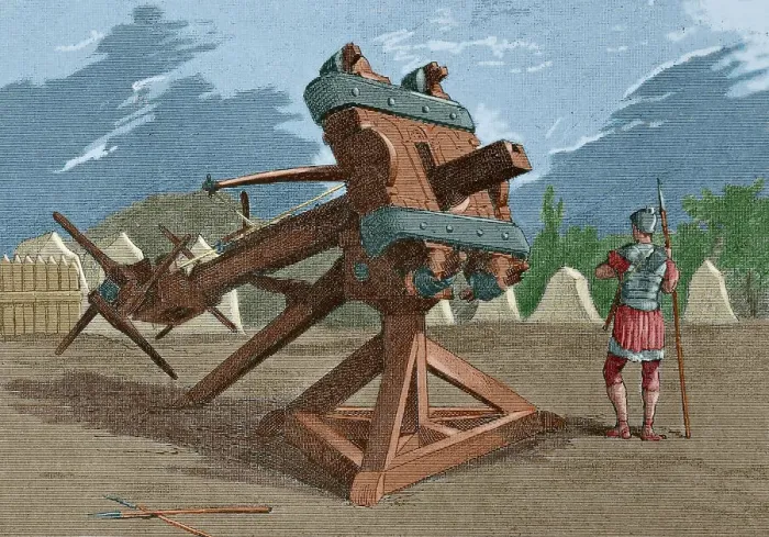 Framed Print : Ballista. Engraving. Museo Militar, 1883. Later colouration Framed Print : Ballista. Engraving. Museo Militar, 1883. Later colouration