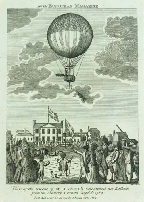Framed Print : Balloon ascent of Lunardi, Artillery Ground Framed Print : Balloon ascent of Lunardi, Artillery Ground