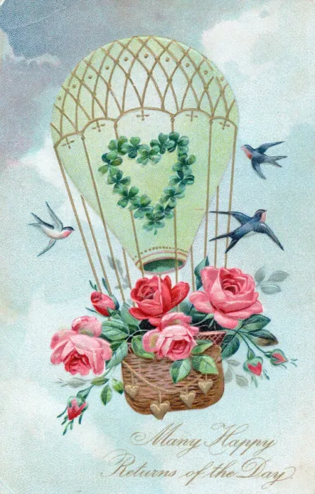 Framed Print : Balloon with birds and flowers on a birthday postcard Framed Print : Balloon with birds and flowers on a birthday postcard