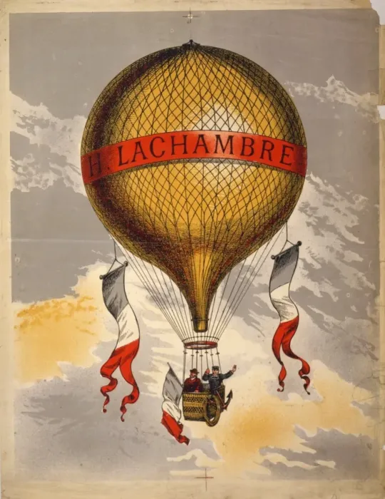 Framed Print : Balloon labeled H. Lachambre, with two men riding in the bas Framed Print : Balloon labeled H. Lachambre, with two men riding in the bas