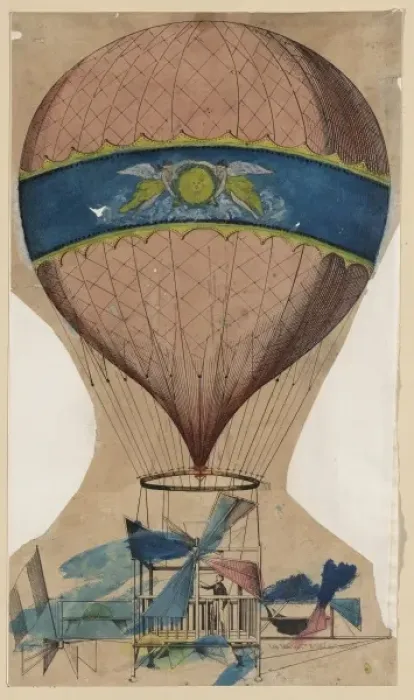 Framed Print : Balloon with open frame wood or metal basket and attached pr Framed Print : Balloon with open frame wood or metal basket and attached pr