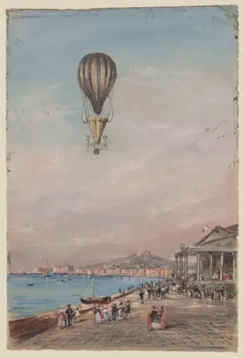 Framed Print : Balloon with parachute and propellers, associated with Franc Framed Print : Balloon with parachute and propellers, associated with Franc