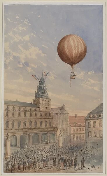 Balloon with two passengers ascending over a town square, wi