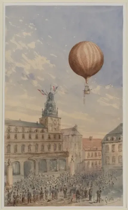 Framed Print : Balloon with two passengers ascending over a town square, wi Framed Print : Balloon with two passengers ascending over a town square, wi