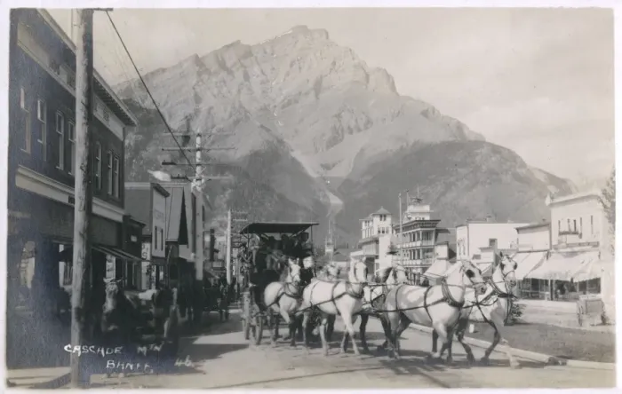 Framed Print : Banff, Canada - Cascade Mountain and six-horse charabanc Framed Print : Banff, Canada - Cascade Mountain and six-horse charabanc