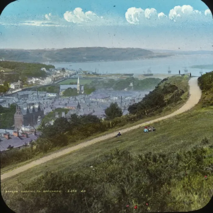 Framed Print : Bangor. Colour lantern slide depicting Bangor in North Wales. Date: circa 1890s Framed Print : Bangor. Colour lantern slide depicting Bangor in North Wales. Date: circa 1890s