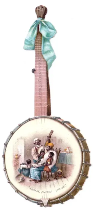 Framed Print : Banjo with family scene, Home Sweet Home Framed Print : Banjo with family scene, Home Sweet Home