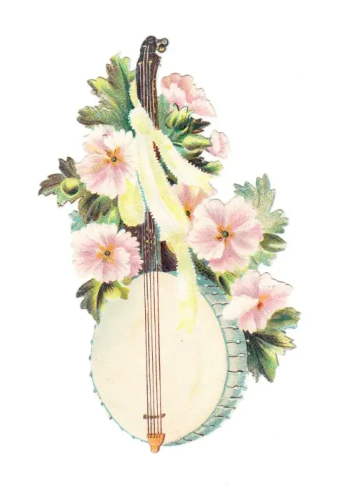 Framed Print : Banjo with pink flowers on a Victorian scrap Framed Print : Banjo with pink flowers on a Victorian scrap