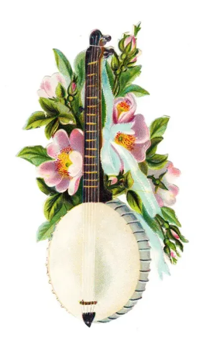Framed Print : Banjo with pink flowers on a Victorian scrap Framed Print : Banjo with pink flowers on a Victorian scrap