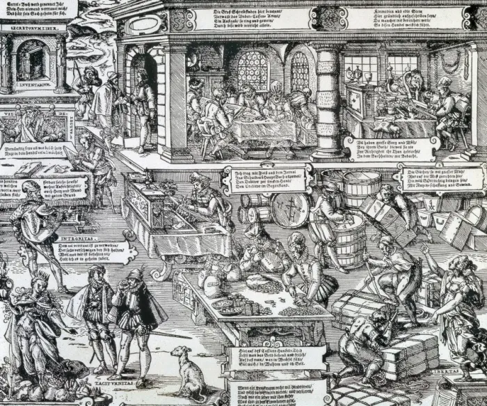 Framed Print : Bank, Economy and Trade, German engraving of Framed Print : Bank, Economy and Trade, German engraving of