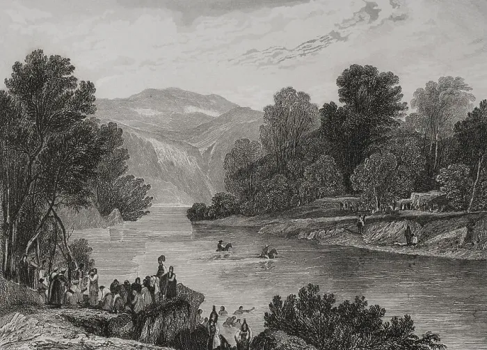 Framed Print : Banks of the Jordan River. Engraving by Aubert, 19th century Framed Print : Banks of the Jordan River. Engraving by Aubert, 19th century