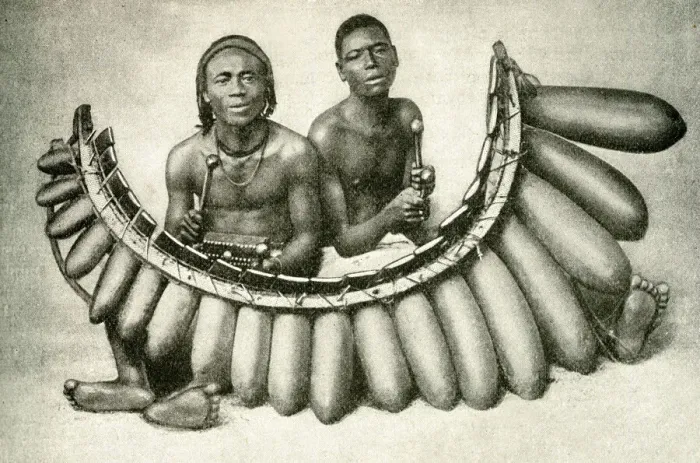 Framed Print : Bantu musicians with gourd piano, Central Africa Framed Print : Bantu musicians with gourd piano, Central Africa