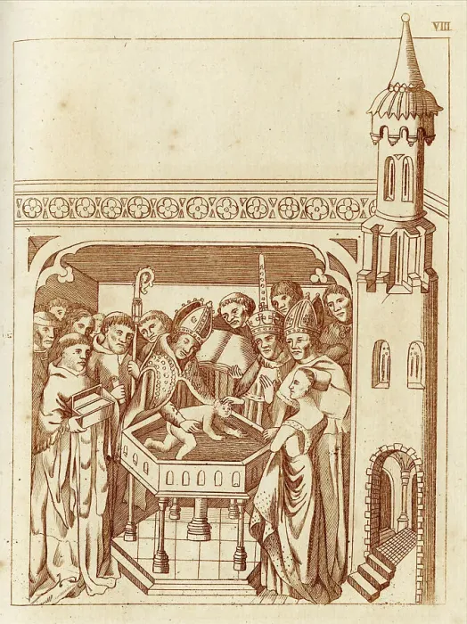 Framed Print : Baptism of Richard Beauchamp (1382-1439), Earl of Warwick. His godfathers were King Richard II and Richard Scrope, Bishop of Lichfield and later Archbishop of York. Date: 1382 Framed Print : Baptism of Richard Beauchamp (1382-1439), Earl of Warwick. His godfathers were King Richard II and Richard Scrope, Bishop of Lichfield and later Archbishop of York. Date: 1382