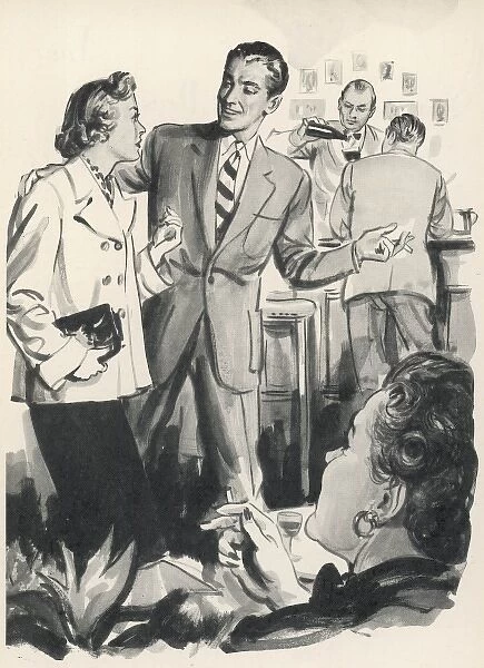 Bar scene. A man wearing a suit, encourages his female companion to sit down