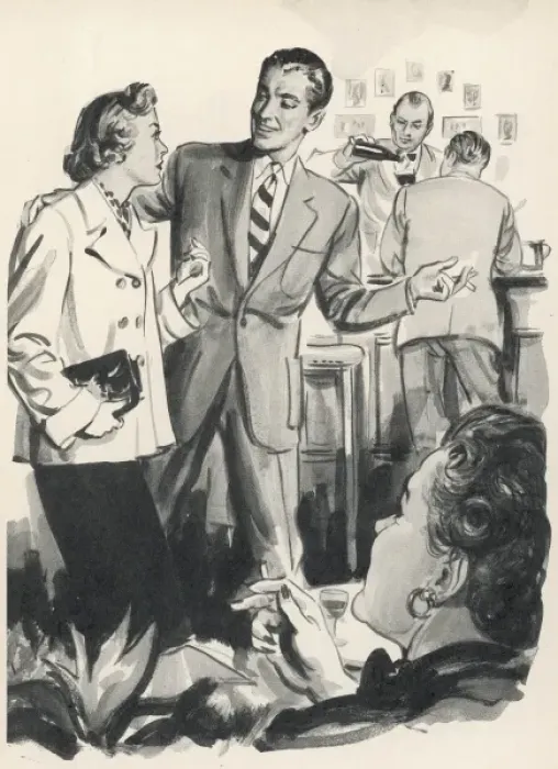 Framed Print : Bar scene. A man wearing a suit, encourages his female companion to sit down Framed Print : Bar scene. A man wearing a suit, encourages his female companion to sit down