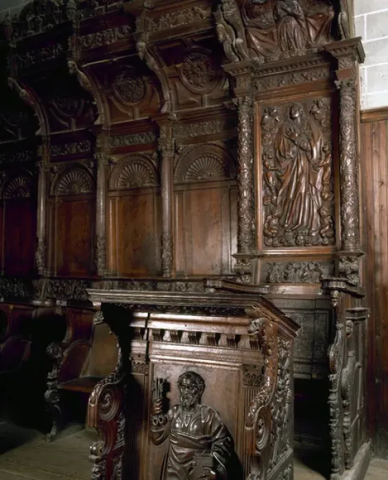 Framed Print : Barbastro Cathedral. Choir stalls in oak. First, a relief re Framed Print : Barbastro Cathedral. Choir stalls in oak. First, a relief re
