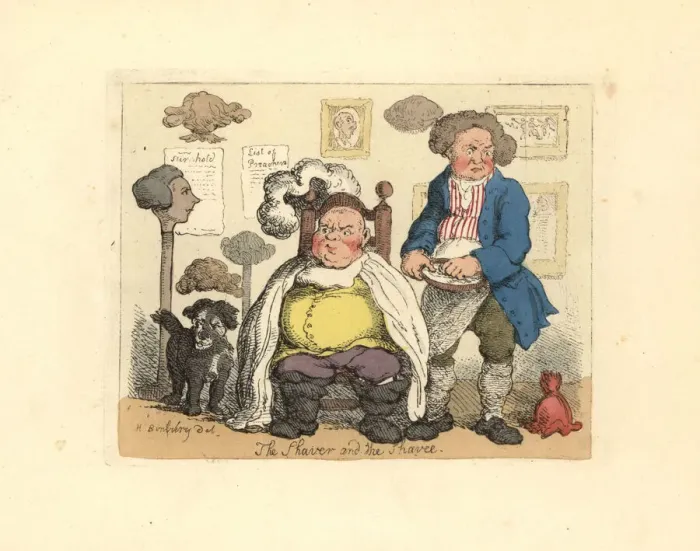 Framed Print : Barber and customer in a barbershop decorated with wigs Framed Print : Barber and customer in a barbershop decorated with wigs