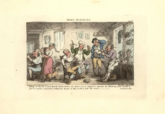 Framed Print : Barber cutting his thumb trying to shave a customer