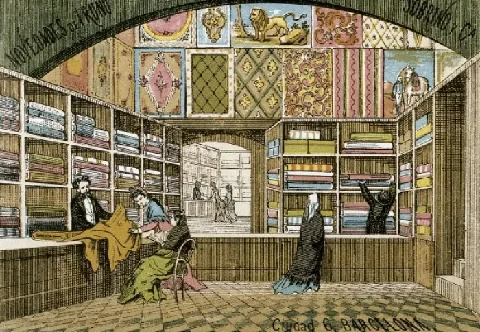 Framed Print : Barcelona (19th c. ). Fabric shop of Sobrino y Framed Print : Barcelona (19th c. ). Fabric shop of Sobrino y