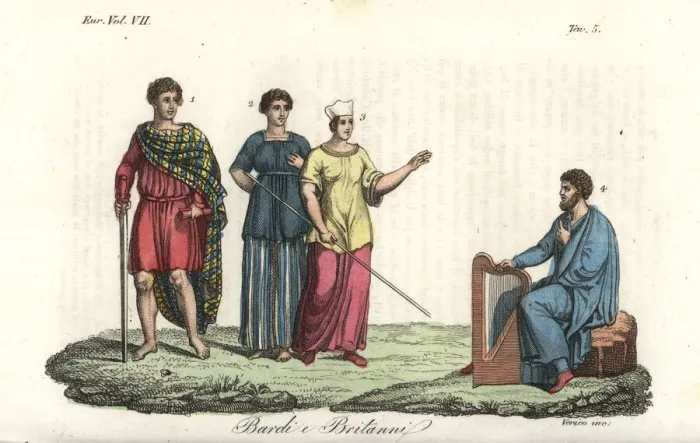 Framed Print : Bard in sky-blue robes and ancient Britons Framed Print : Bard in sky-blue robes and ancient Britons