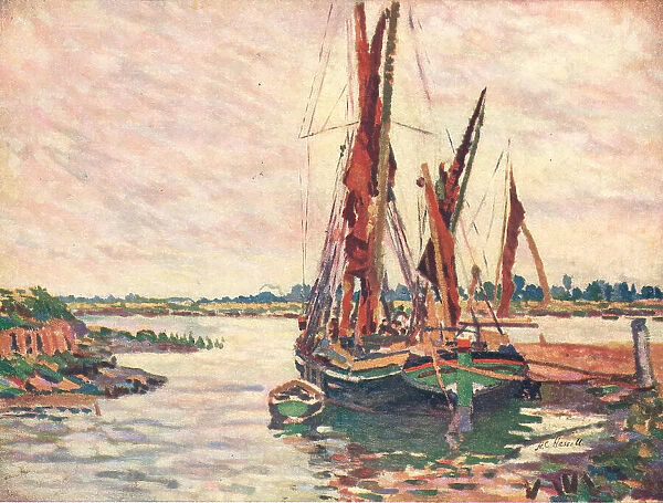 The Barge. A painting of a large green barge with red sails