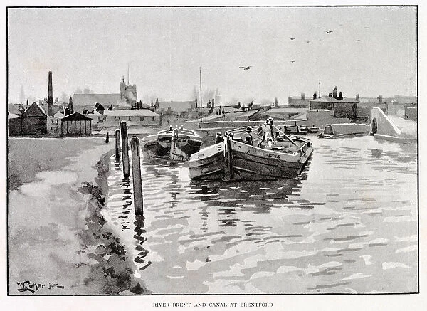 Barges on the river Brent and the canal to which it joins. Date: circa 1880