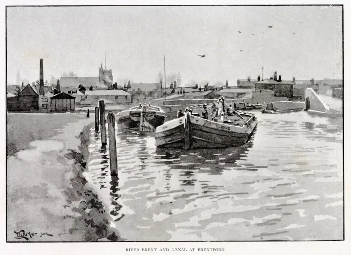 Framed Print : Barges on the river Brent and the canal to which it joins. Date: circa 1880 Framed Print : Barges on the river Brent and the canal to which it joins. Date: circa 1880