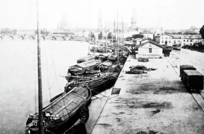 Framed Print : Barges on the river, Dresden, Germany, probably 1870s Framed Print : Barges on the river, Dresden, Germany, probably 1870s