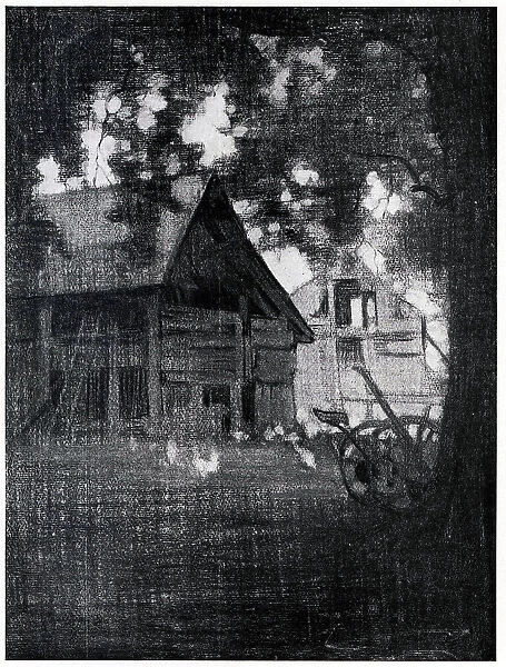 The Barn. A charcoal drawing showing a view of a bark