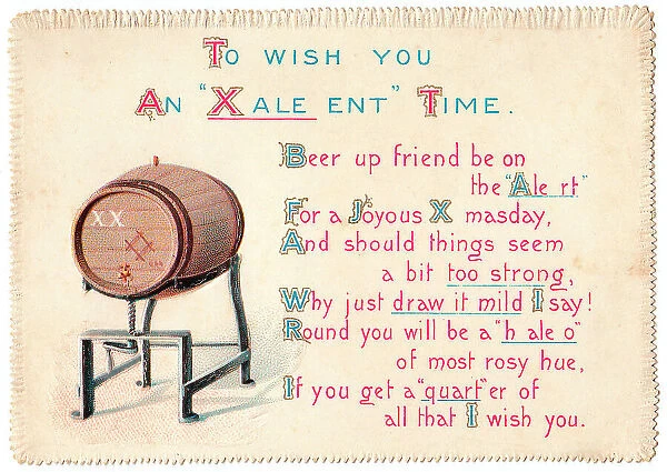 Barrel of beer with comic verse on a Christmas card