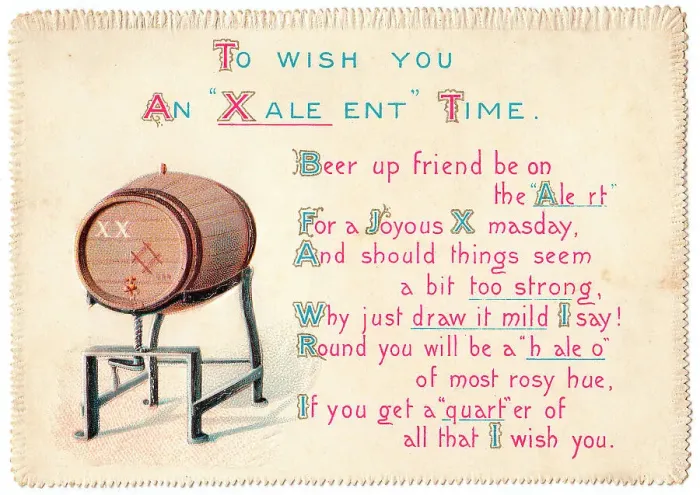 Framed Print : Barrel of beer with comic verse on a Christmas card Framed Print : Barrel of beer with comic verse on a Christmas card