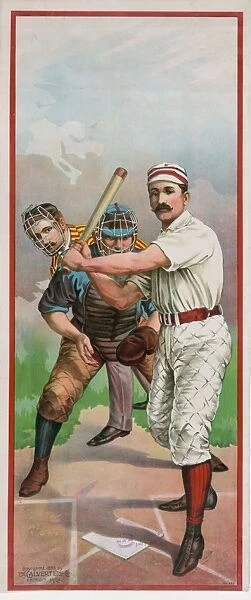 Baseball player at bat, in front of catcher and umpire