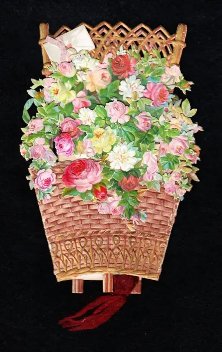 Framed Print : Basket of assorted flowers on a cutout greetings card Framed Print : Basket of assorted flowers on a cutout greetings card