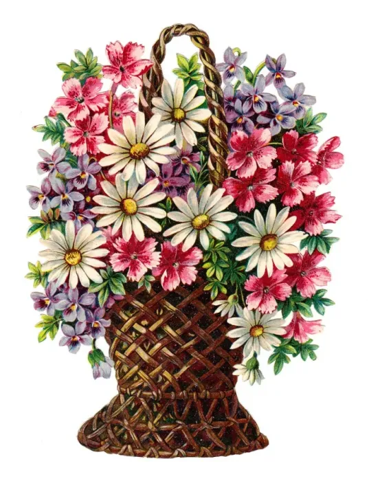 Framed Print : Basket of assorted flowers on a Victorian scrap Framed Print : Basket of assorted flowers on a Victorian scrap