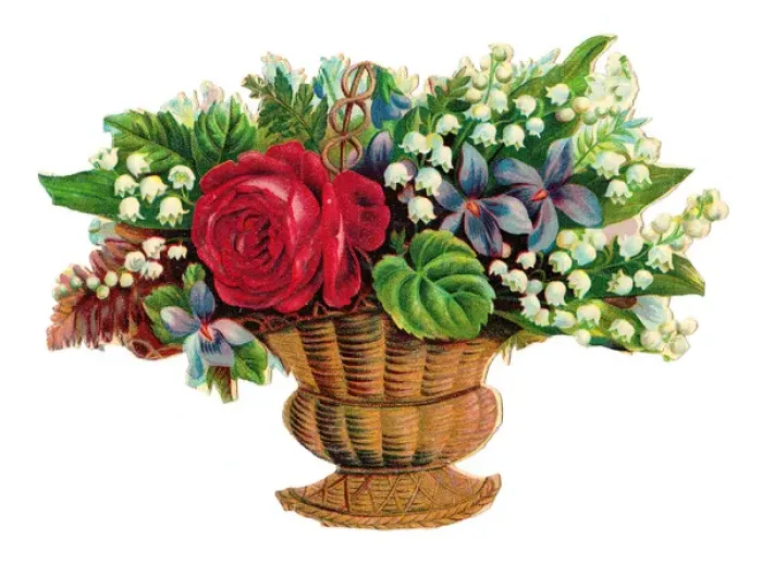 Framed Print : Basket of assorted flowers on a Victorian scrap Framed Print : Basket of assorted flowers on a Victorian scrap