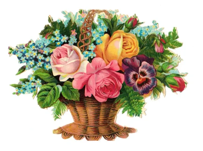 Framed Print : Basket of assorted flowers on a Victorian scrap Framed Print : Basket of assorted flowers on a Victorian scrap