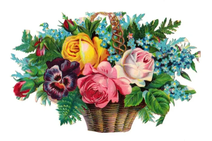 Framed Print : Basket of assorted flowers on a Victorian scrap Framed Print : Basket of assorted flowers on a Victorian scrap