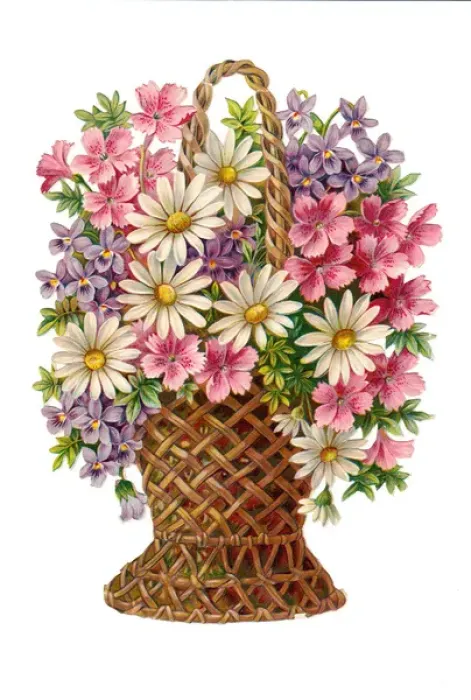 Framed Print : Basket of assorted flowers on a Victorian scrap Framed Print : Basket of assorted flowers on a Victorian scrap