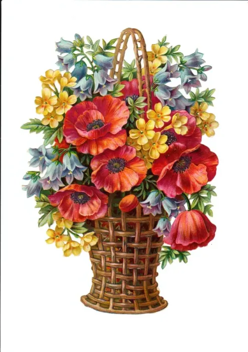 Framed Print : Basket of assorted flowers on a Victorian scrap Framed Print : Basket of assorted flowers on a Victorian scrap
