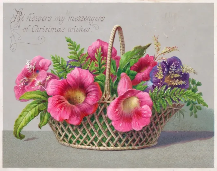 Framed Print : Basket of flowers on a Christmas card